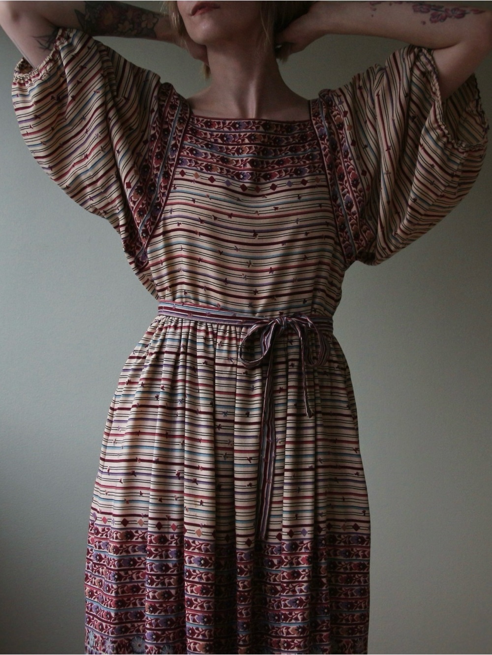 1970's Victor Costa Floral Printed Folk Dress